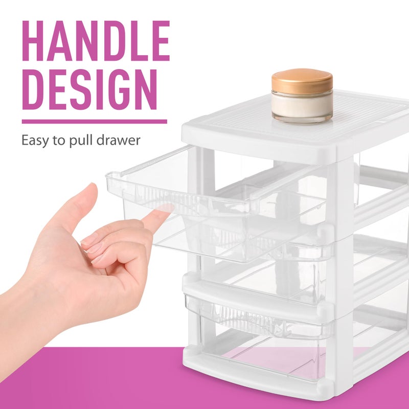 Tribello 3 Drawer Plastic Storage, Mini Drawer Unit, White Frame With Clear Drawers for Craft Storage - 8.5"L X 7"W X10"H Inches - (1 Pack) - Image 4